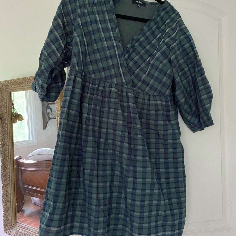 Madewell Green Plaid V-Neck Dress